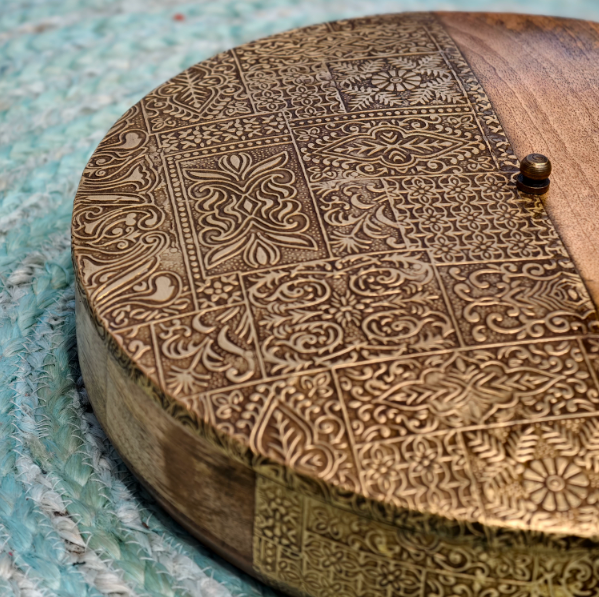 Vintage Brass-Clad Wooden Snack Tray