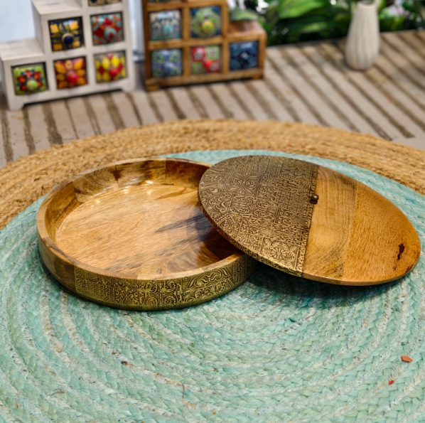 Vintage Brass-Clad Wooden Snack Tray
